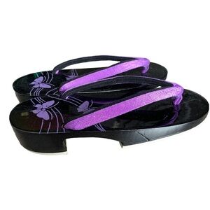 Vintage Authentic Japanese Wooden Geta Sandals Black & Purple Kimono Slippers